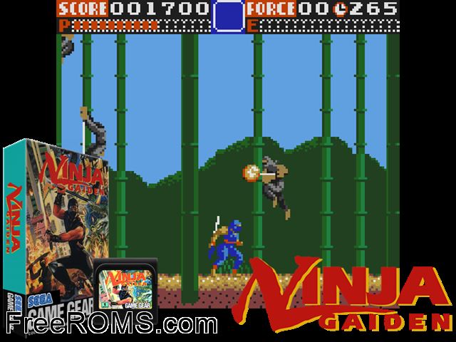 Ninja Gaiden Game Gear game showing 3D box cover and gameplay screenshot